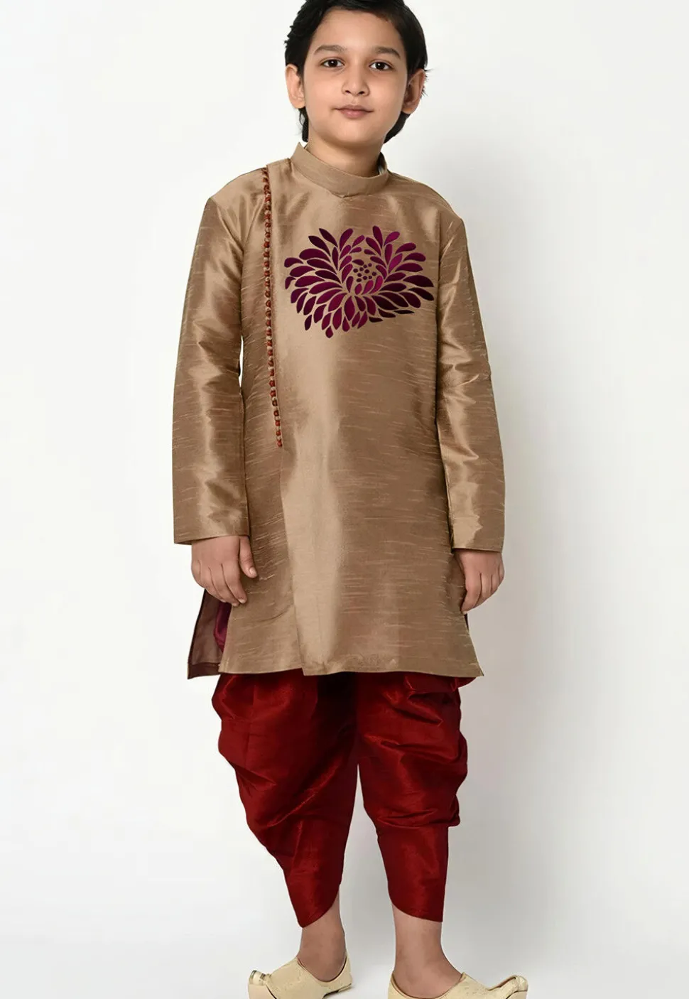 Embroidered Dupion Silk Kurta Set in Dark Beige