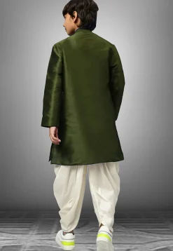 Embroidered Dupion Silk Kurta Set in Dark Green