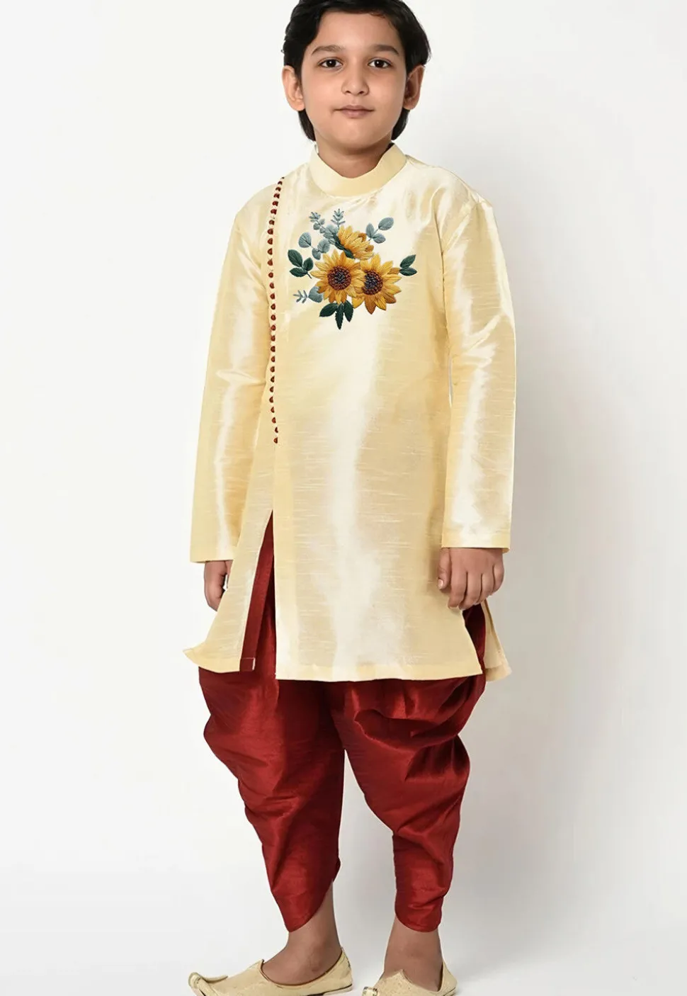 Embroidered Dupion Silk Kurta Set in Beige