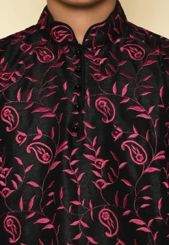 Embroidered Dupion Silk Kurta Set in Black
