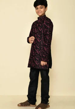 Embroidered Dupion Silk Kurta Set in Black