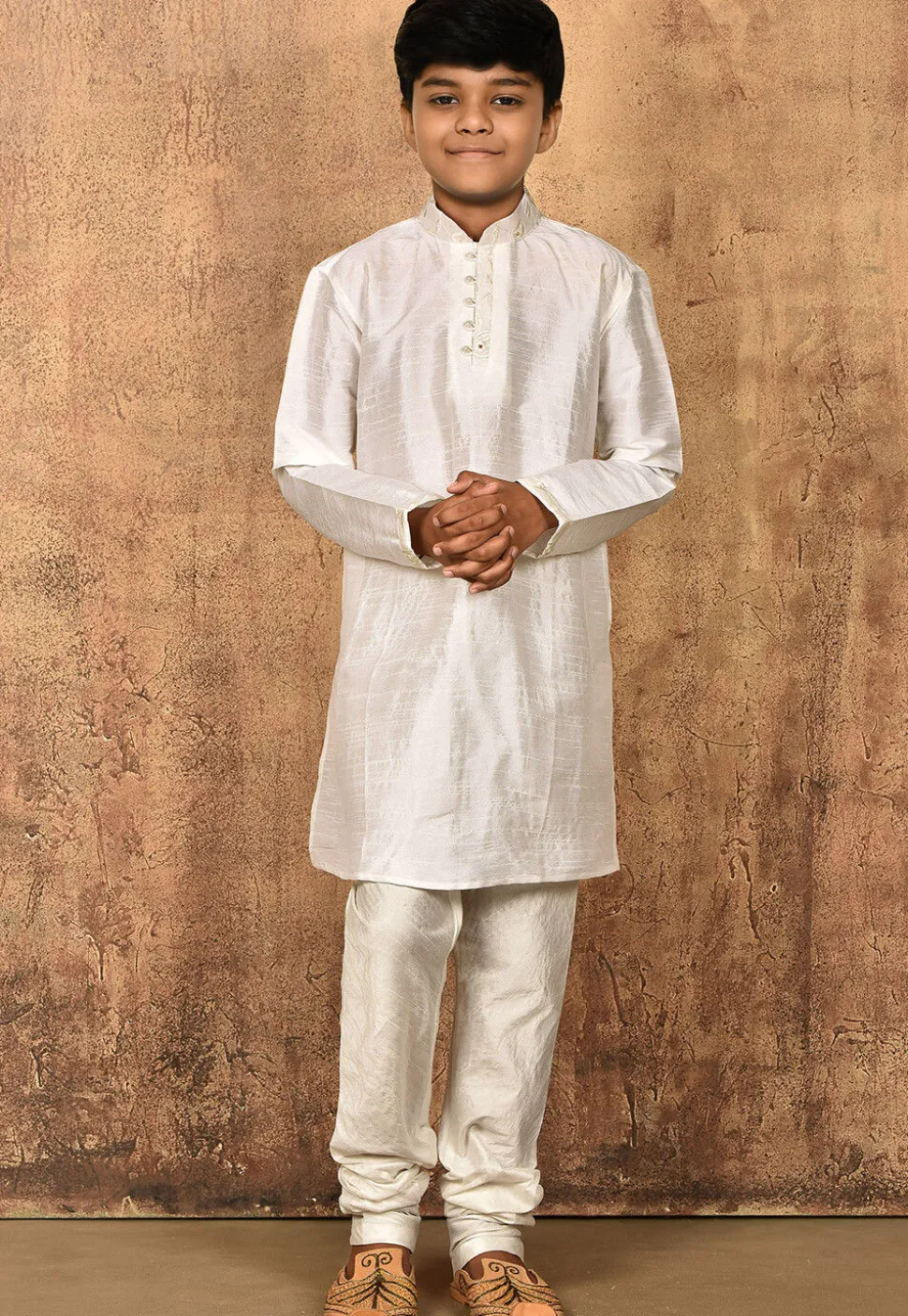 Embroidered Dupion Silk Kurta Set in White