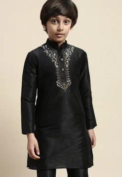 Embroidered Dupion Silk Kurta in Black