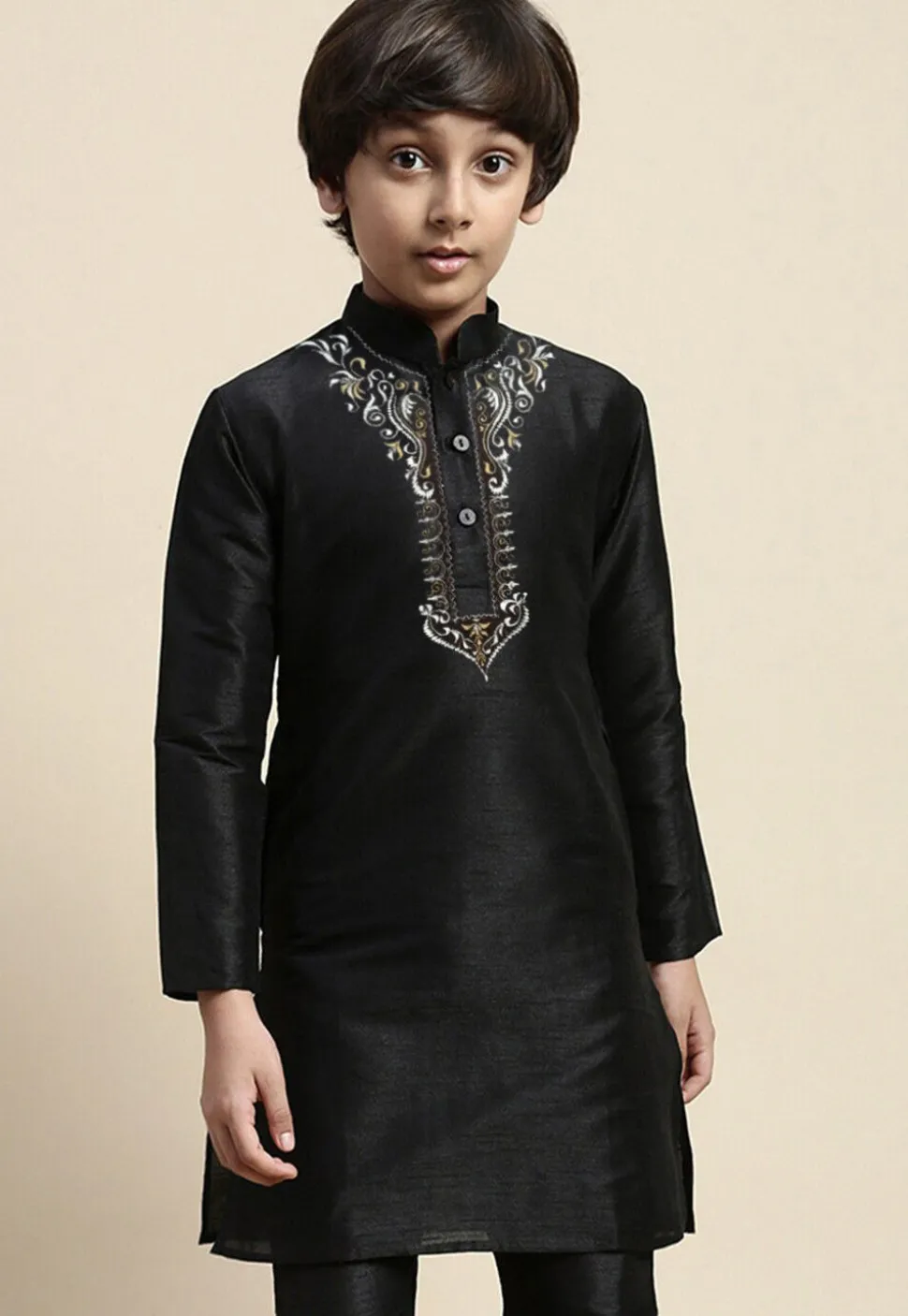 Embroidered Dupion Silk Kurta in Black