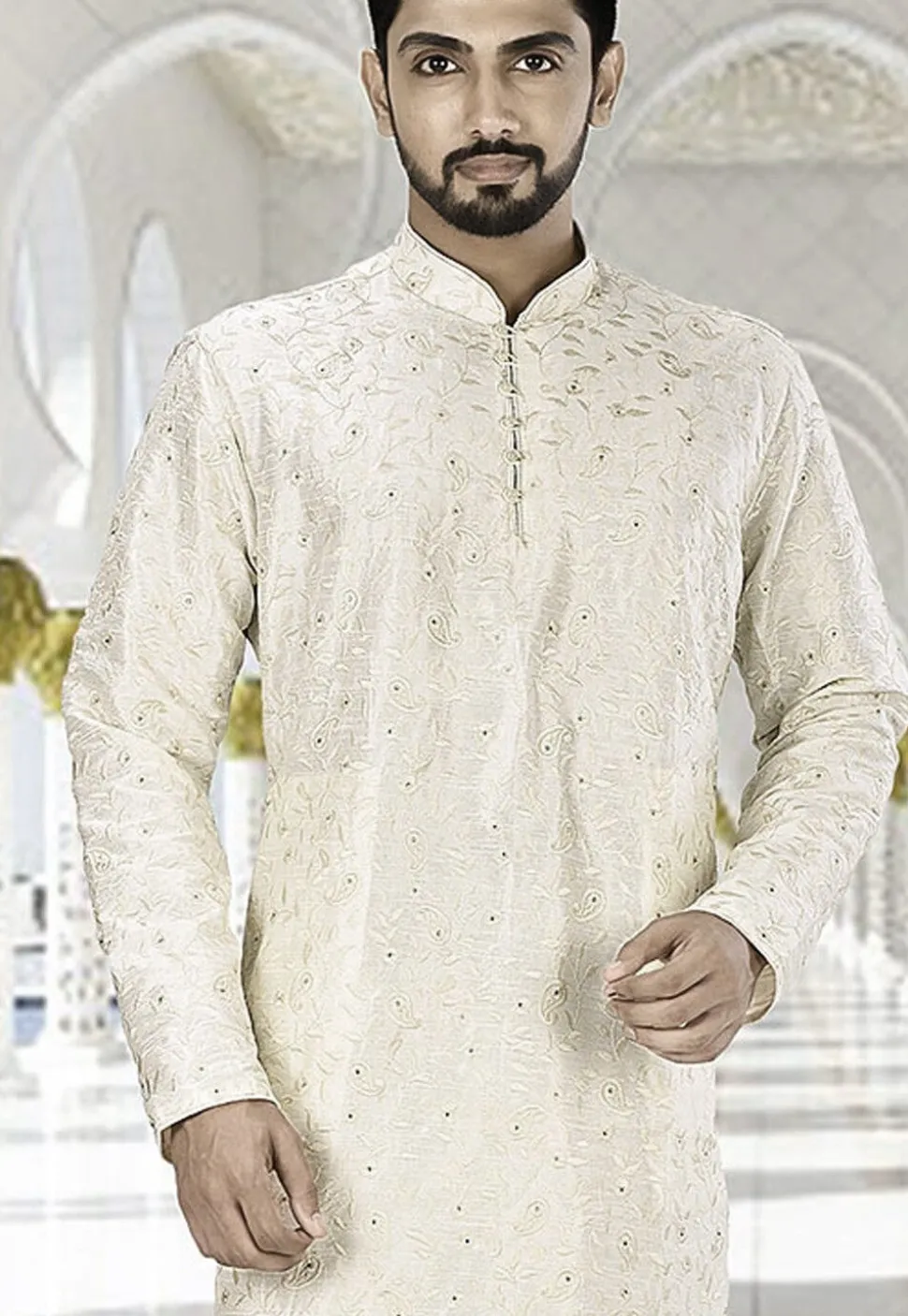 Embroidered Dupion Silk Kurta in Off White