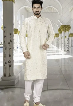 Embroidered Dupion Silk Kurta in Off White