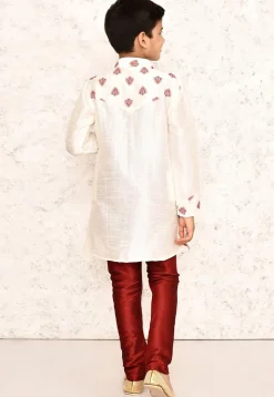 Embroidered Dupion Silk Kurta Set in Off White