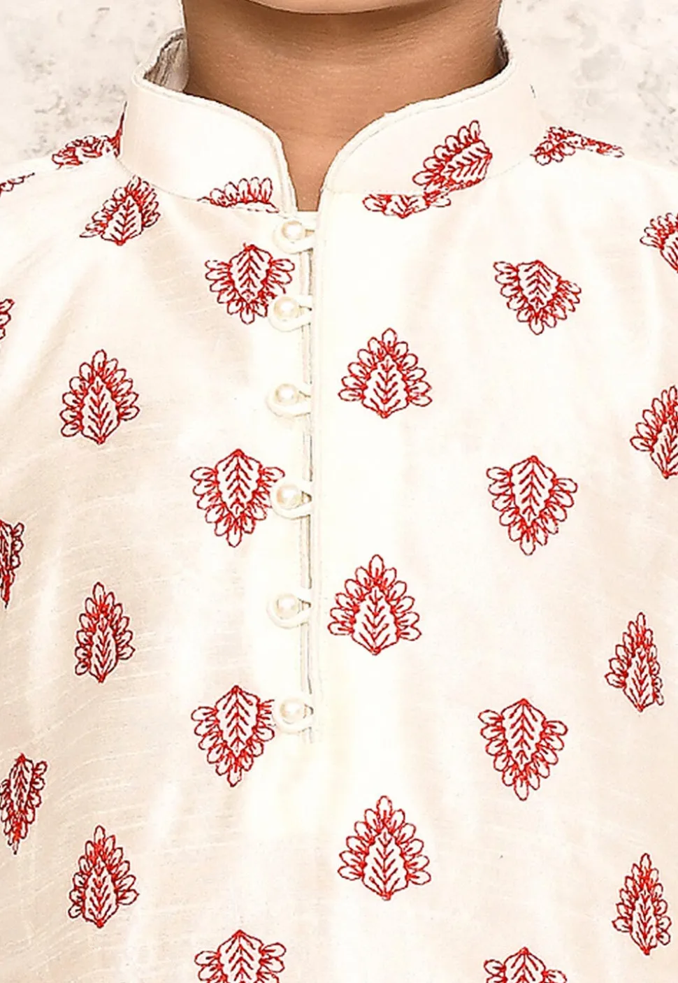 Embroidered Dupion Silk Kurta Set in Off White