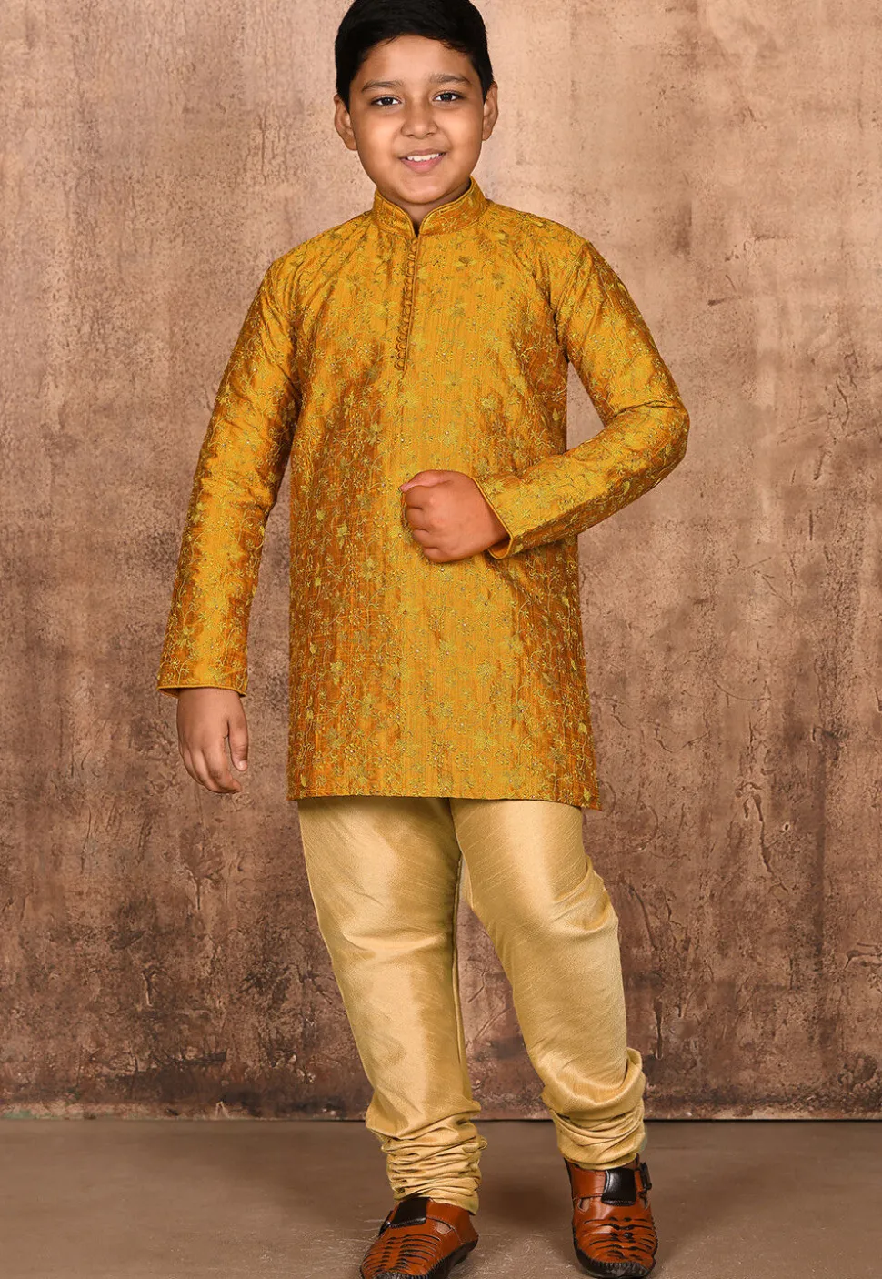 Embroidered Dupion Silk Kurta Set in Mustard