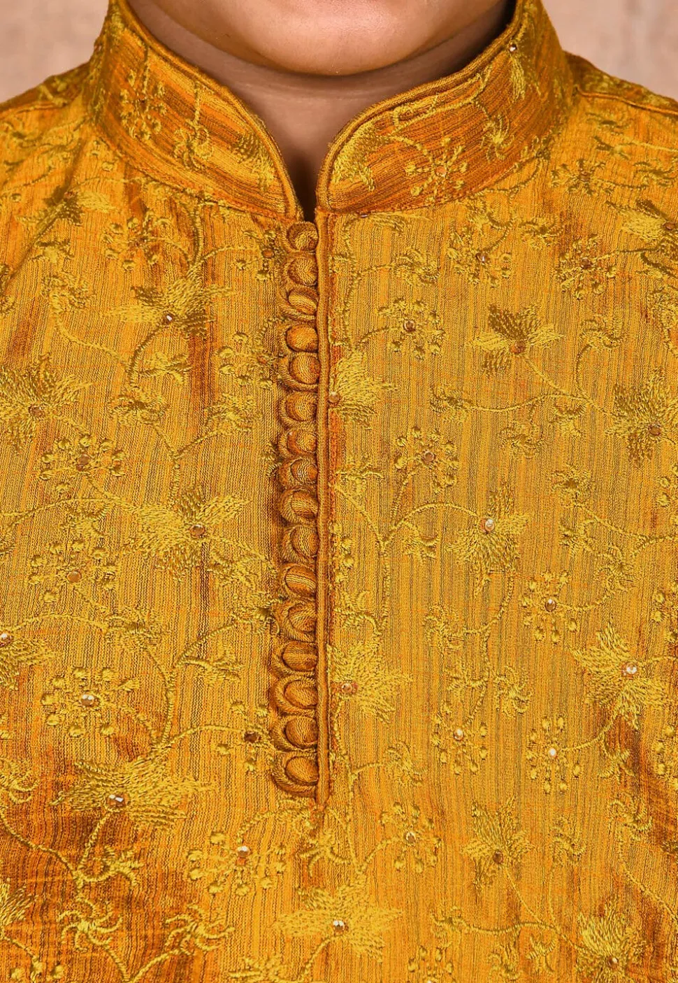 Embroidered Dupion Silk Kurta Set in Mustard