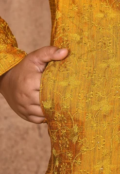 Embroidered Dupion Silk Kurta Set in Mustard