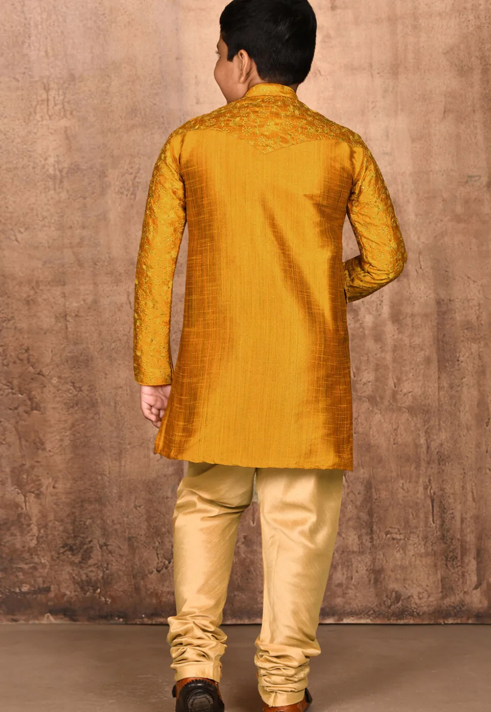 Embroidered Dupion Silk Kurta Set in Mustard
