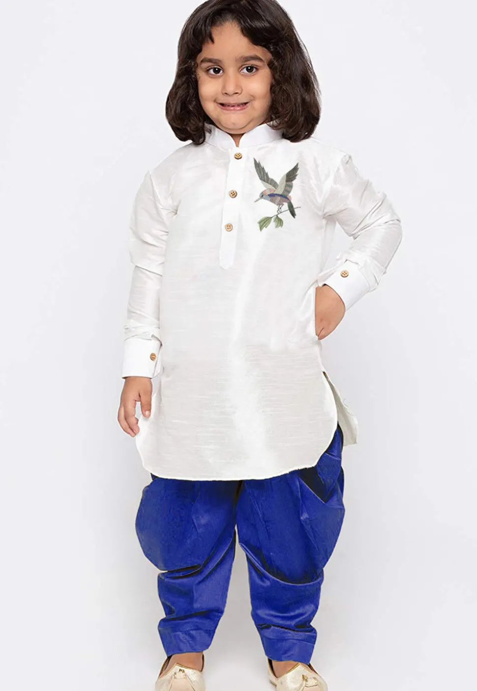 Embroidered Dupion Silk Kurta Set in White