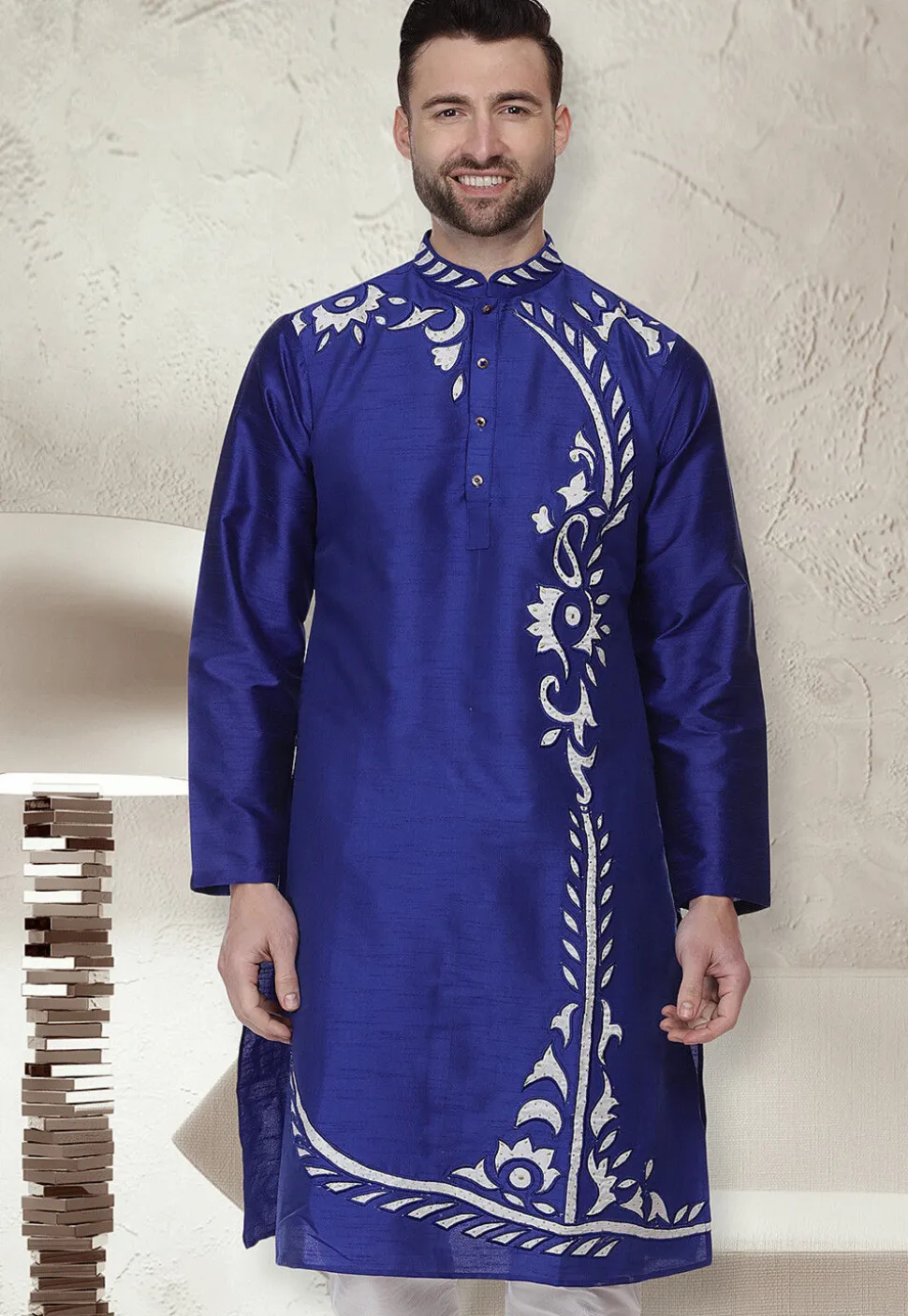 Embroidered Dupion Silk Kurta in Royal Blue