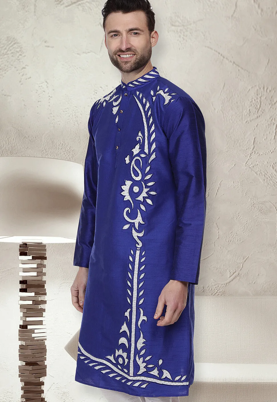 Embroidered Dupion Silk Kurta in Royal Blue