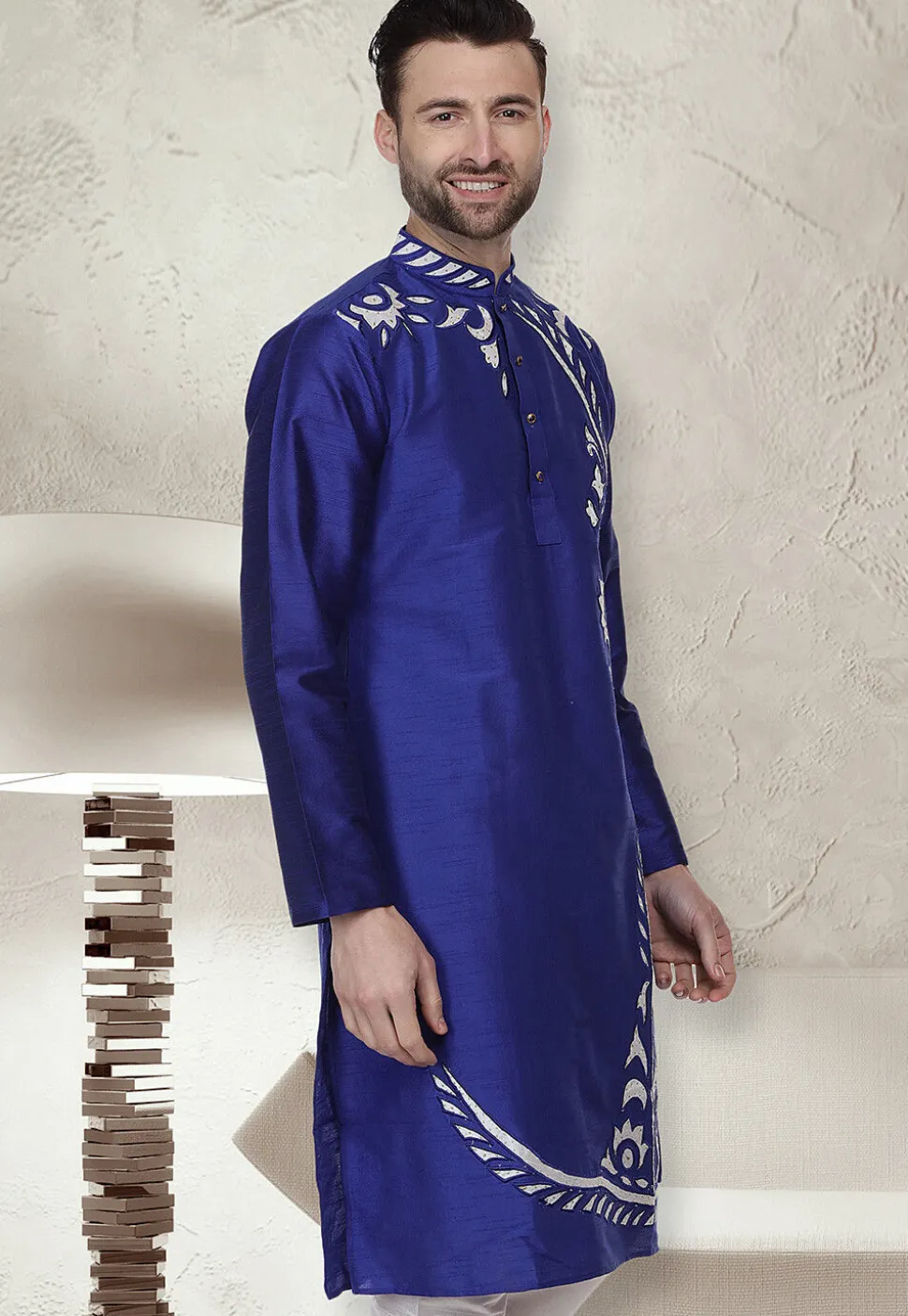 Embroidered Dupion Silk Kurta in Royal Blue