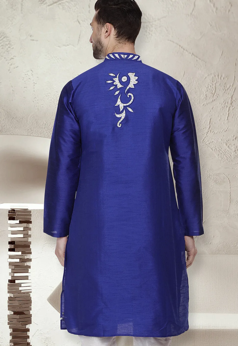 Embroidered Dupion Silk Kurta in Royal Blue