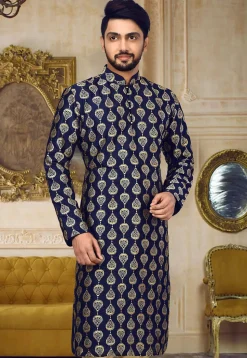 Embroidered Dupion Silk Kurta in Navy Blue