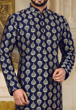 Embroidered Dupion Silk Kurta in Navy Blue
