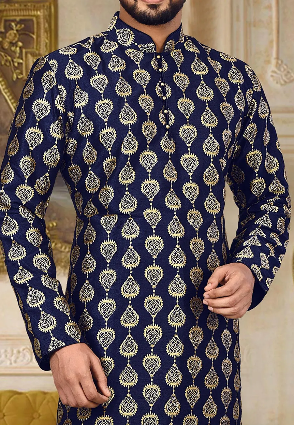 Embroidered Dupion Silk Kurta in Navy Blue