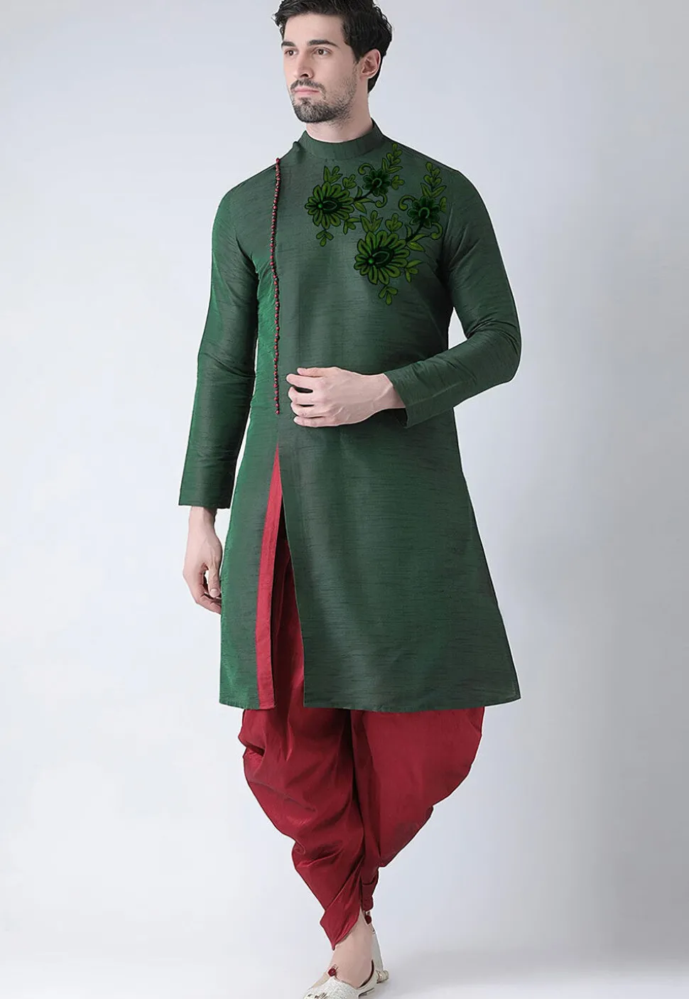 Embroidered Dupion Silk Kurta Set in Dark Green