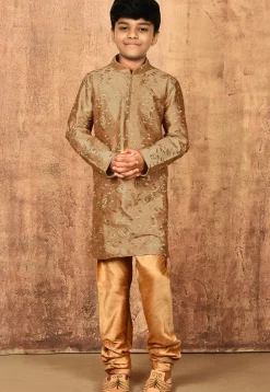 Embroidered Dupion Silk Kurta Set in Dark Beige