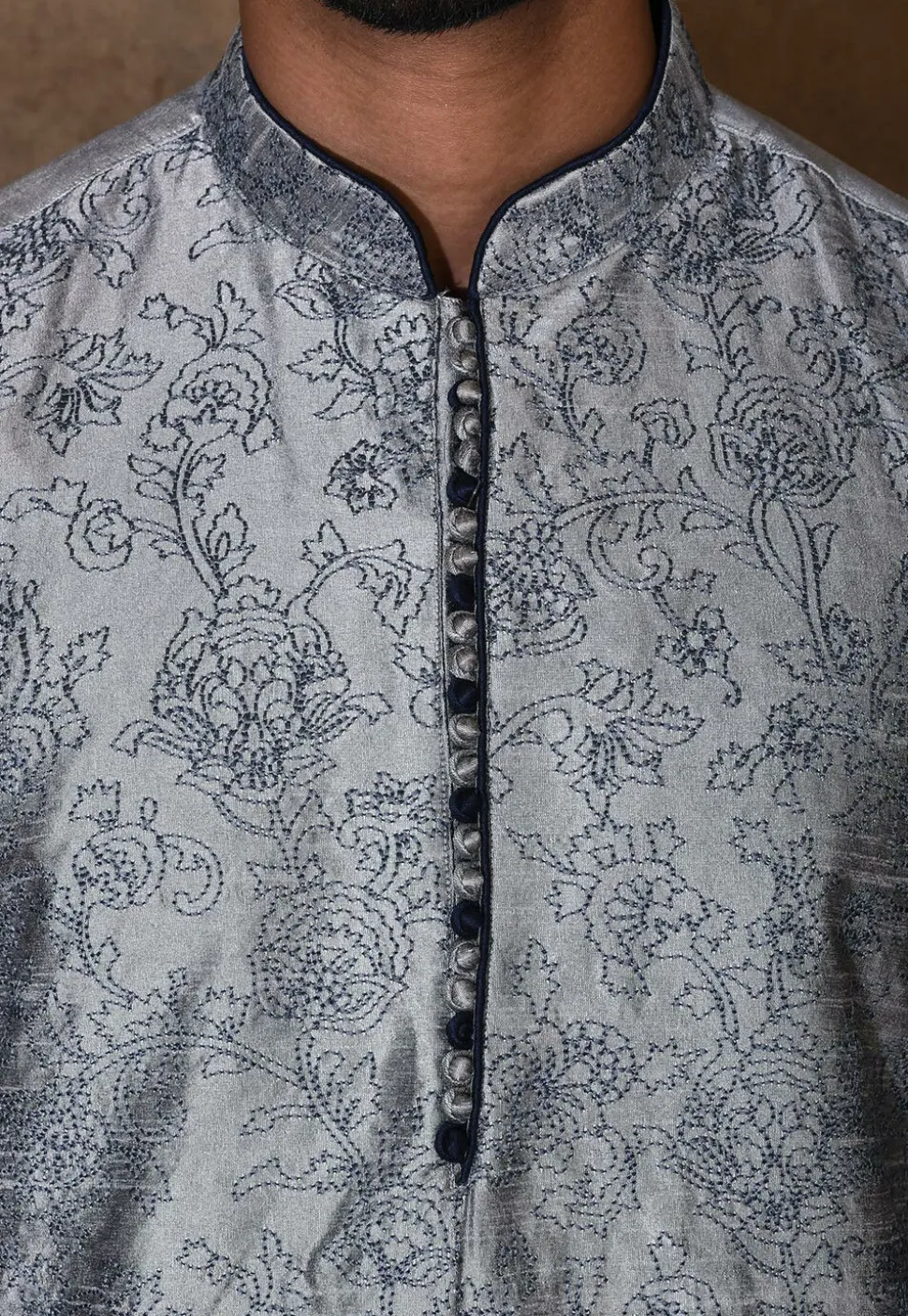 Embroidered Dupion Silk Kurta Set in Grey