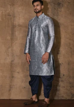 Embroidered Dupion Silk Kurta Set in Grey