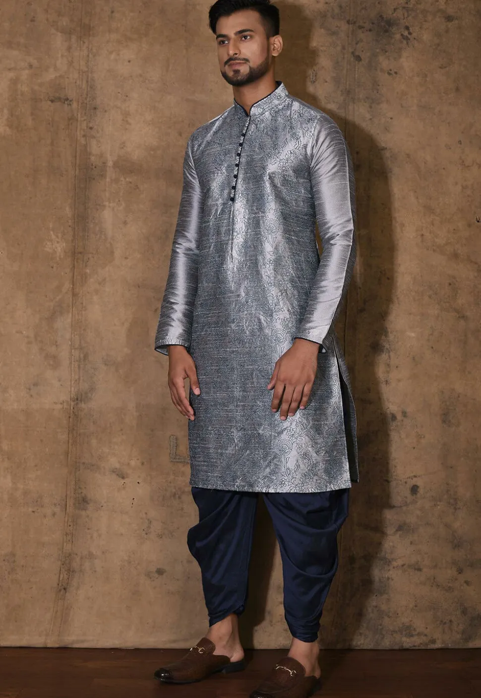 Embroidered Dupion Silk Kurta Set in Grey