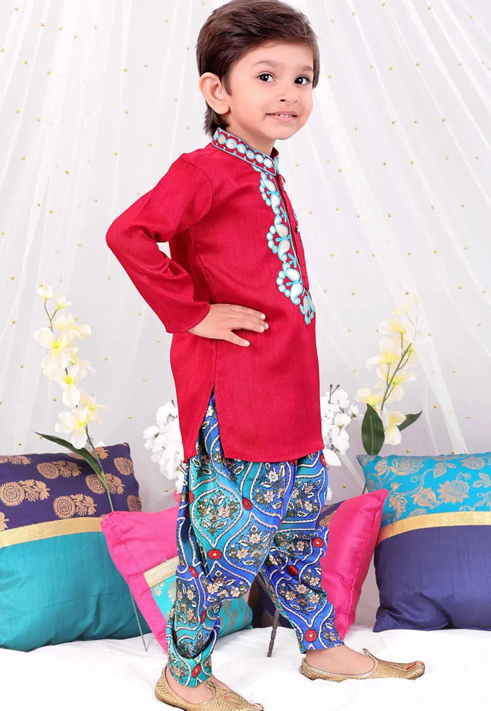 Embroidered Dupion Silk Kurta Set in Red