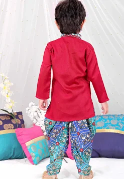 Embroidered Dupion Silk Kurta Set in Red