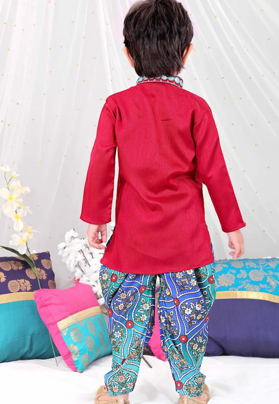 Embroidered Dupion Silk Kurta Set in Red
