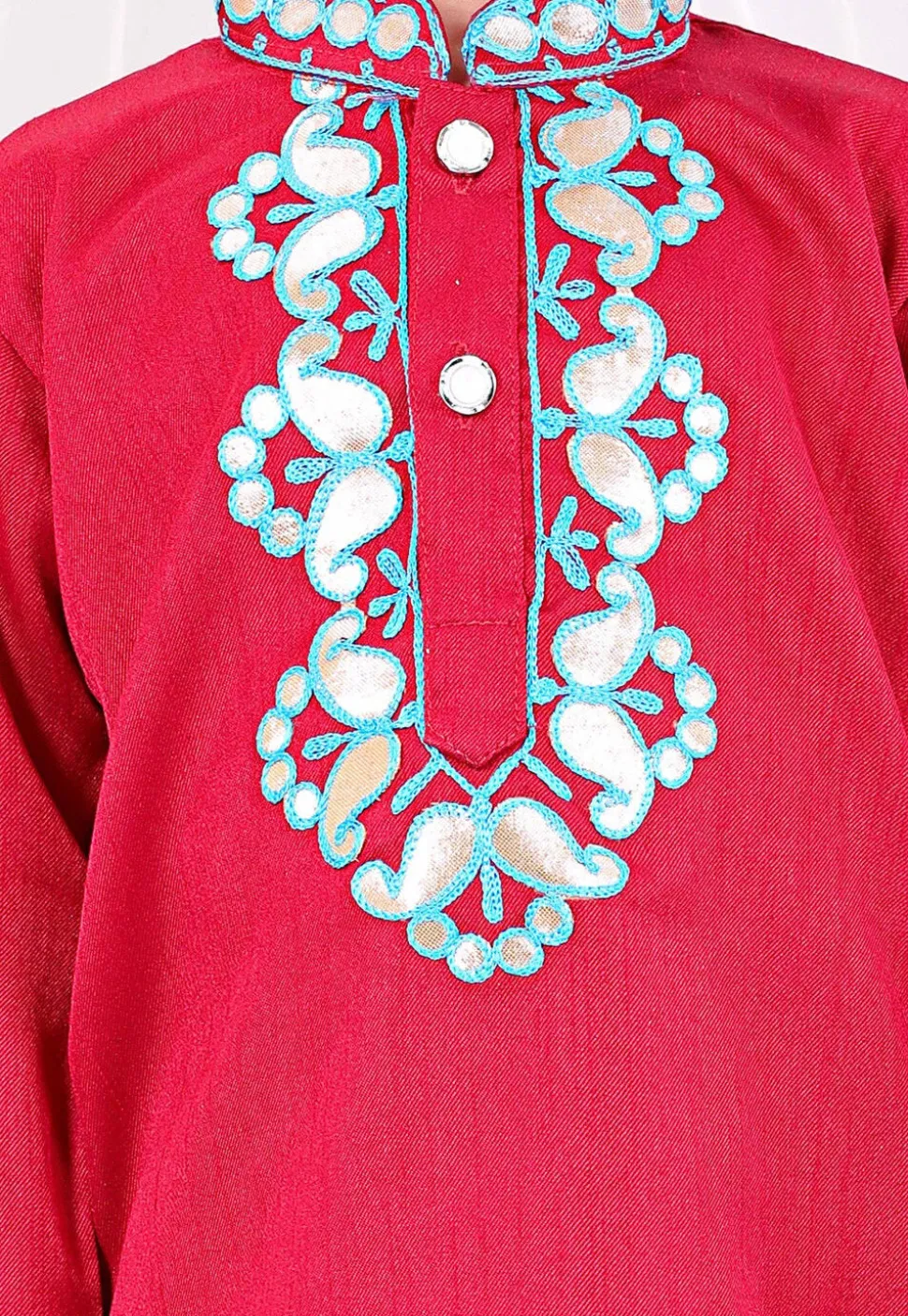 Embroidered Dupion Silk Kurta Set in Red