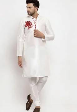 Embroidered Dupion Silk Kurta Set in White