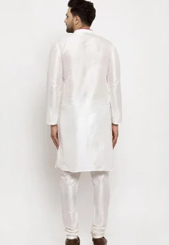 Embroidered Dupion Silk Kurta Set in White