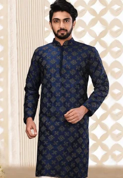 Embroidered Dupion Silk Kurta in Navy Blue