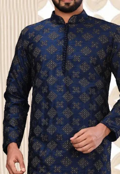 Embroidered Dupion Silk Kurta in Navy Blue
