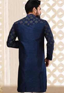 Embroidered Dupion Silk Kurta in Navy Blue