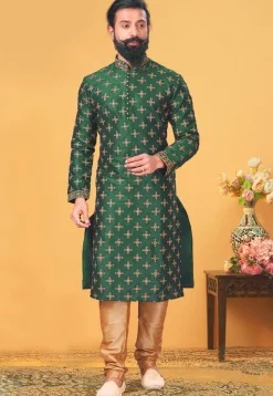Embroidered Dupion Silk Kurta Set in Dark Green