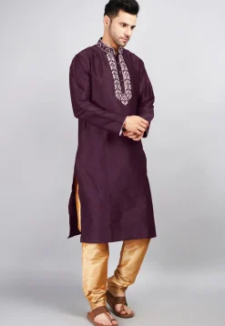 Embroidered Dupion Silk Kurta Set in Violet