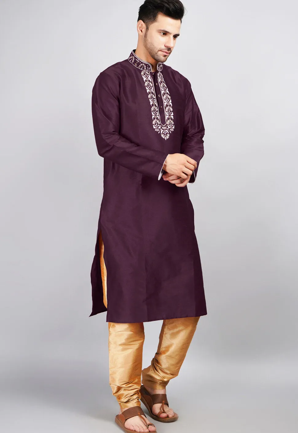 Embroidered Dupion Silk Kurta Set in Violet