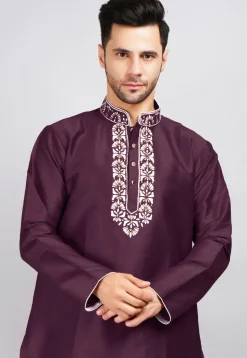Embroidered Dupion Silk Kurta Set in Violet