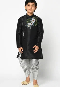 Embroidered Dupion Silk Kurta Set in Black