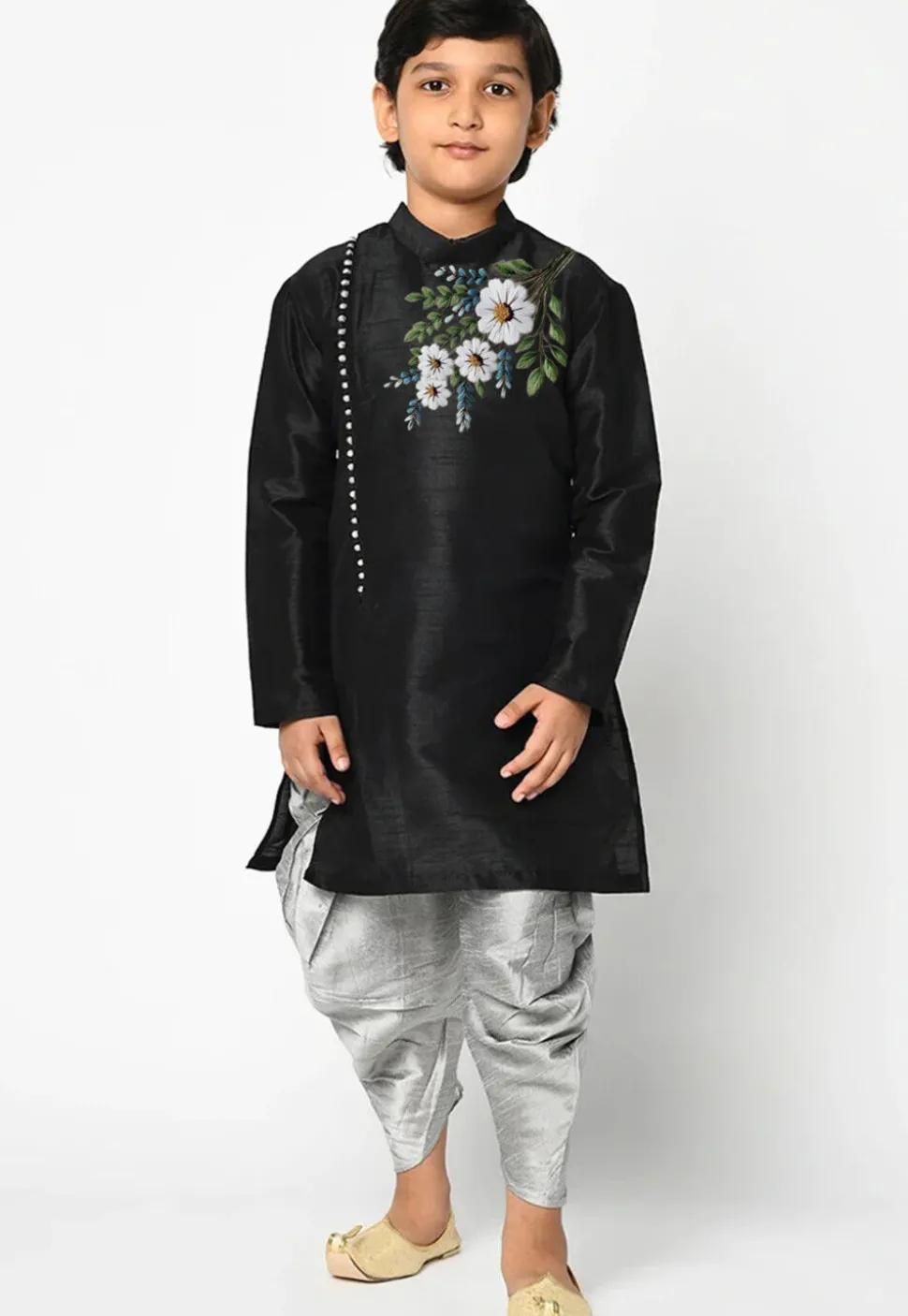 Embroidered Dupion Silk Kurta Set in Black