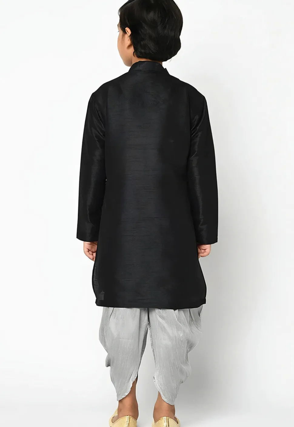 Embroidered Dupion Silk Kurta Set in Black