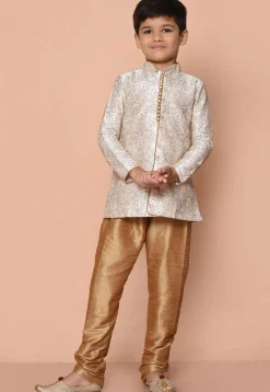 Embroidered Dupion Silk Kurta Set in Cream