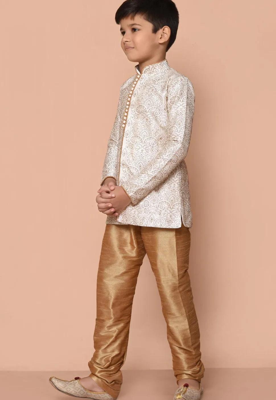 Embroidered Dupion Silk Kurta Set in Cream