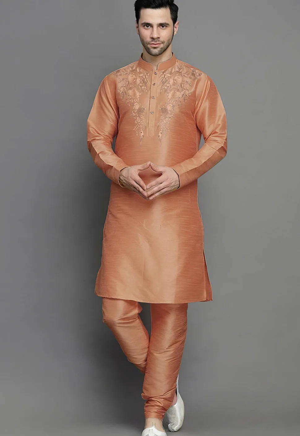 Embroidered Dupion Silk Kurta Set in Light Orange