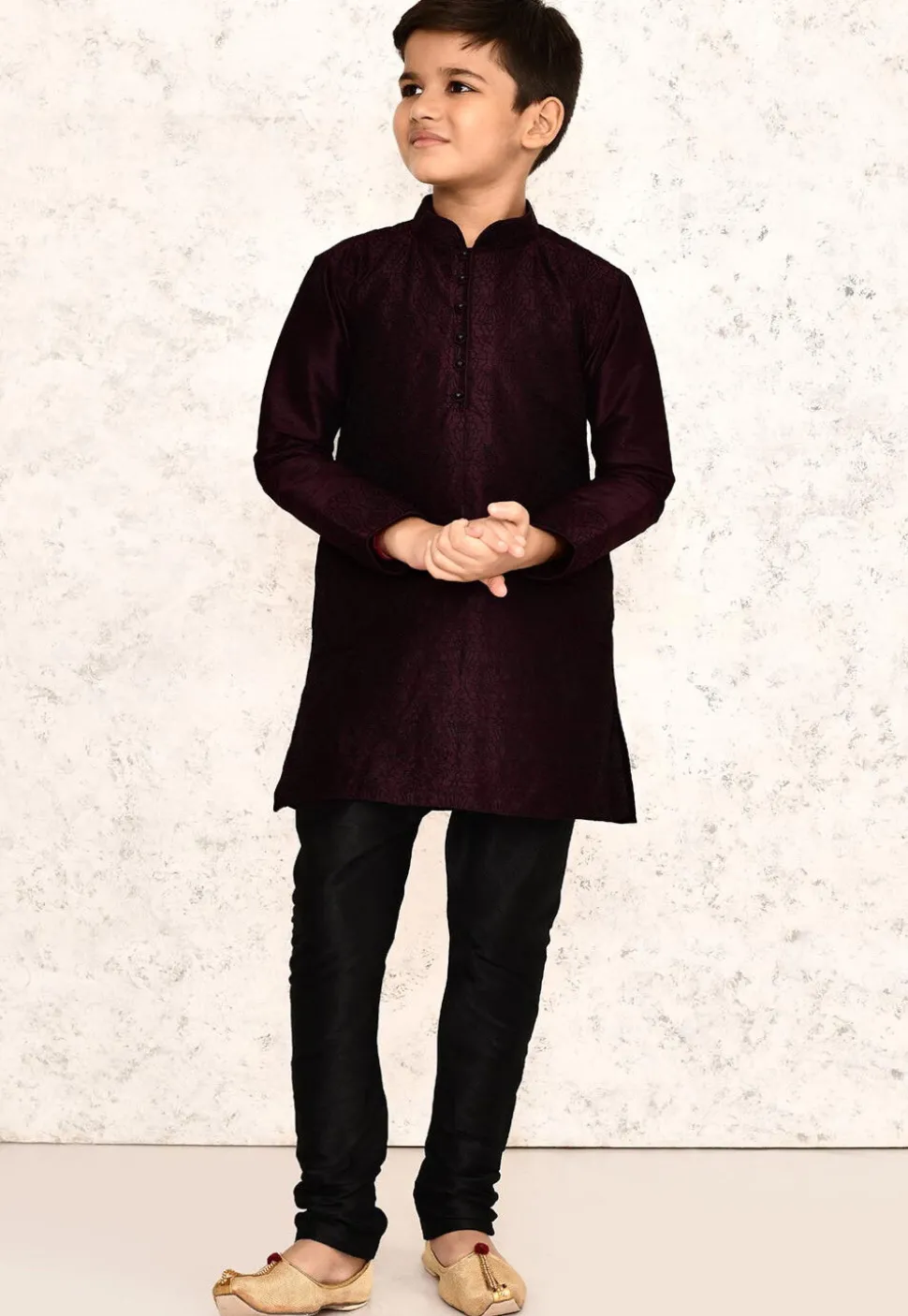 Embroidered Dupion Silk Kurta Set in Wine