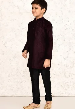 Embroidered Dupion Silk Kurta Set in Wine